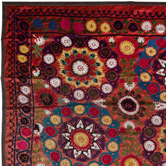 Magnificent Silk Embroidery Wall Hanging, Boho Wall Decor, Red Vintage Tapestry, Uzbek Tablecloth