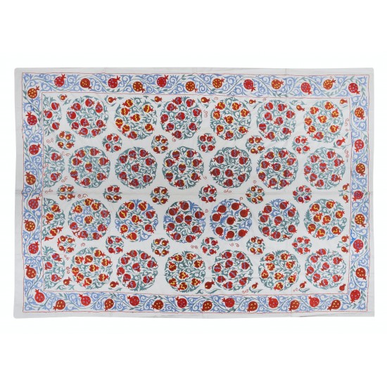 Silk Embroidery Wall Hanging, Pomegranate Design Bed Cover, Boho Wall Decor, Suzani Tablecloth, New Blanket