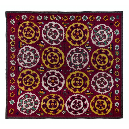 Vintage Silk Embroidery Wall Hanging, Uzbek Suzani Textile Bedspread in Red, Old Tapestry, Unique Tablecloth