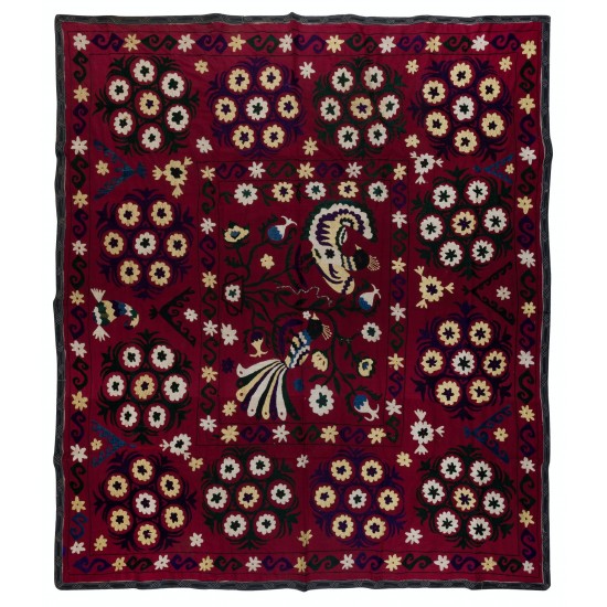 Silk Embroidery Vintage Wall Hanging, Bird & Floral Pattern Suzani Bed Cover, Burgundy Red Tablecloth