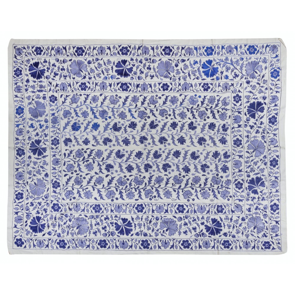 Crochet Suzani Wall Hanging, Silk Embroidery Bed Cover in Cream & Blue, Uzbek Bedding