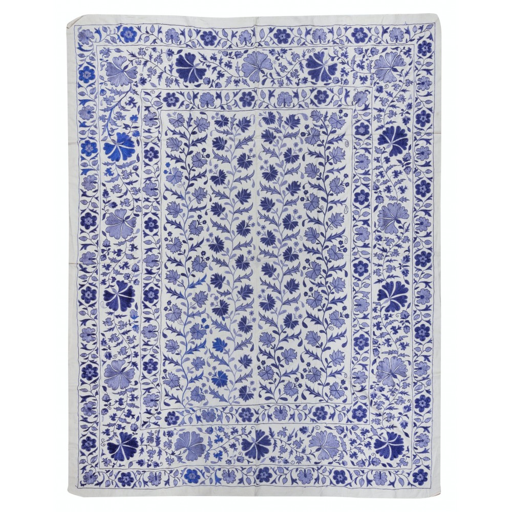 Crochet Suzani Wall Hanging, Silk Embroidery Bed Cover in Cream & Blue, Uzbek Bedding