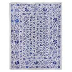 Crochet Suzani Wall Hanging. Silk Embroidery Bed Cover in Cream & Blue. Uzbek Bedding