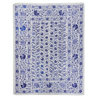 Crochet Suzani Wall Hanging. Silk Embroidery Bed Cover in Cream & Blue. Uzbek Bedding