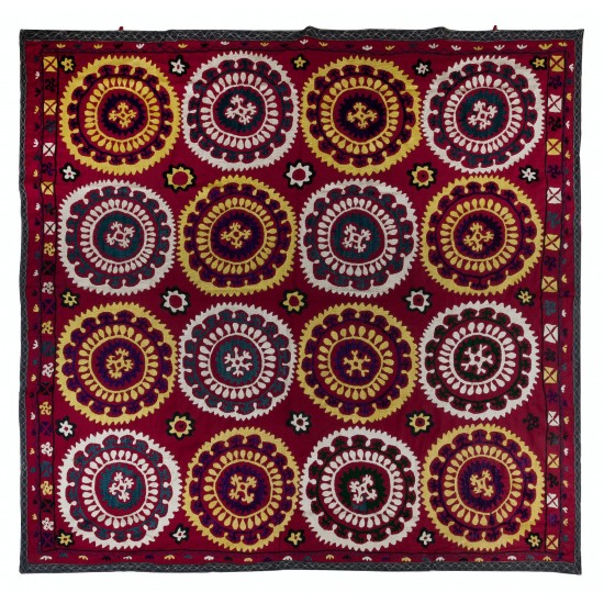 Silk Embroidery Suzani Wall Hanging, Uzbek Bedspread, Red Tablecloth, Unique Home Decor
