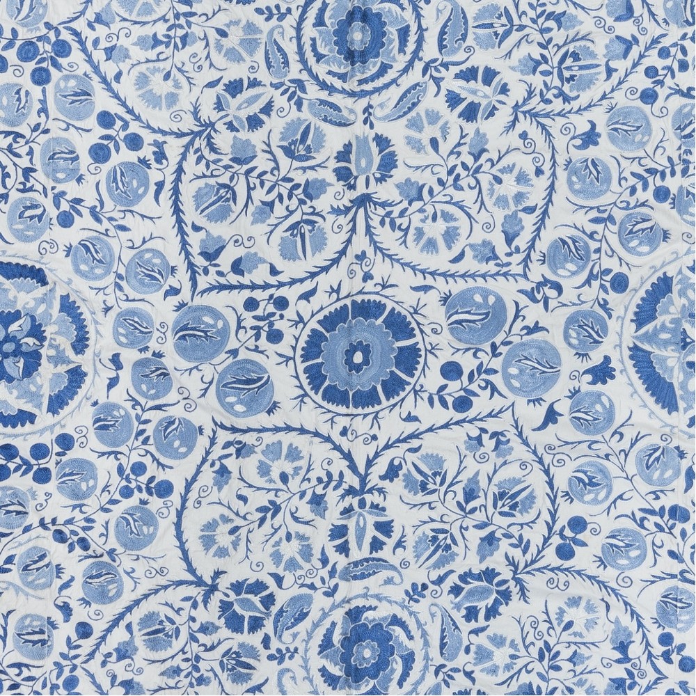Crochet Suzani Wall Hanging, Silk Embroidery Bed Cover in Cream & Blue, Uzbek Bedding