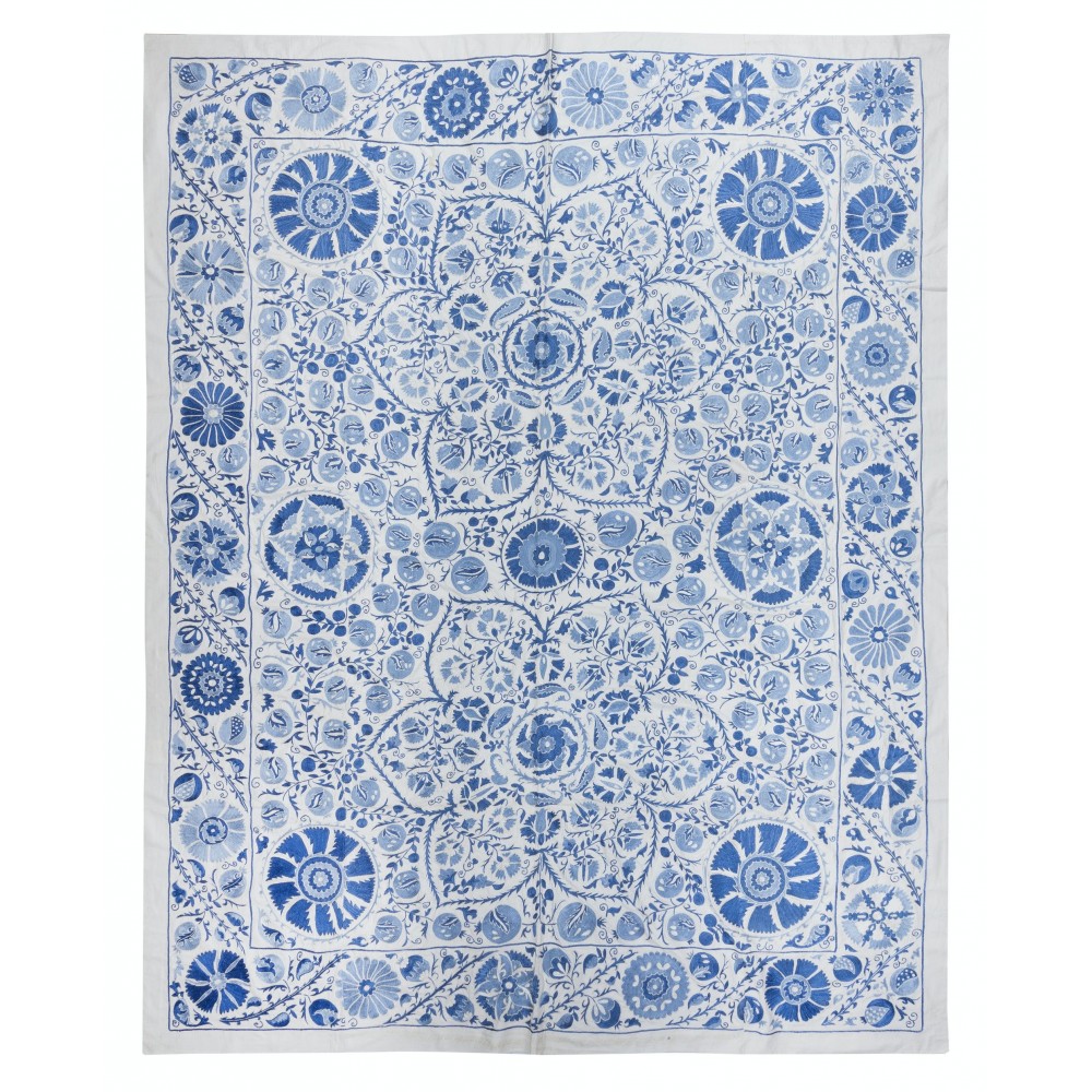 Crochet Suzani Wall Hanging, Silk Embroidery Bed Cover in Cream & Blue, Uzbek Bedding