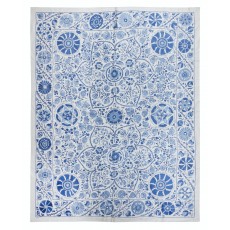 Crochet Suzani Wall Hanging. Silk Embroidery Bed Cover in Cream & Blue. Uzbek Bedding