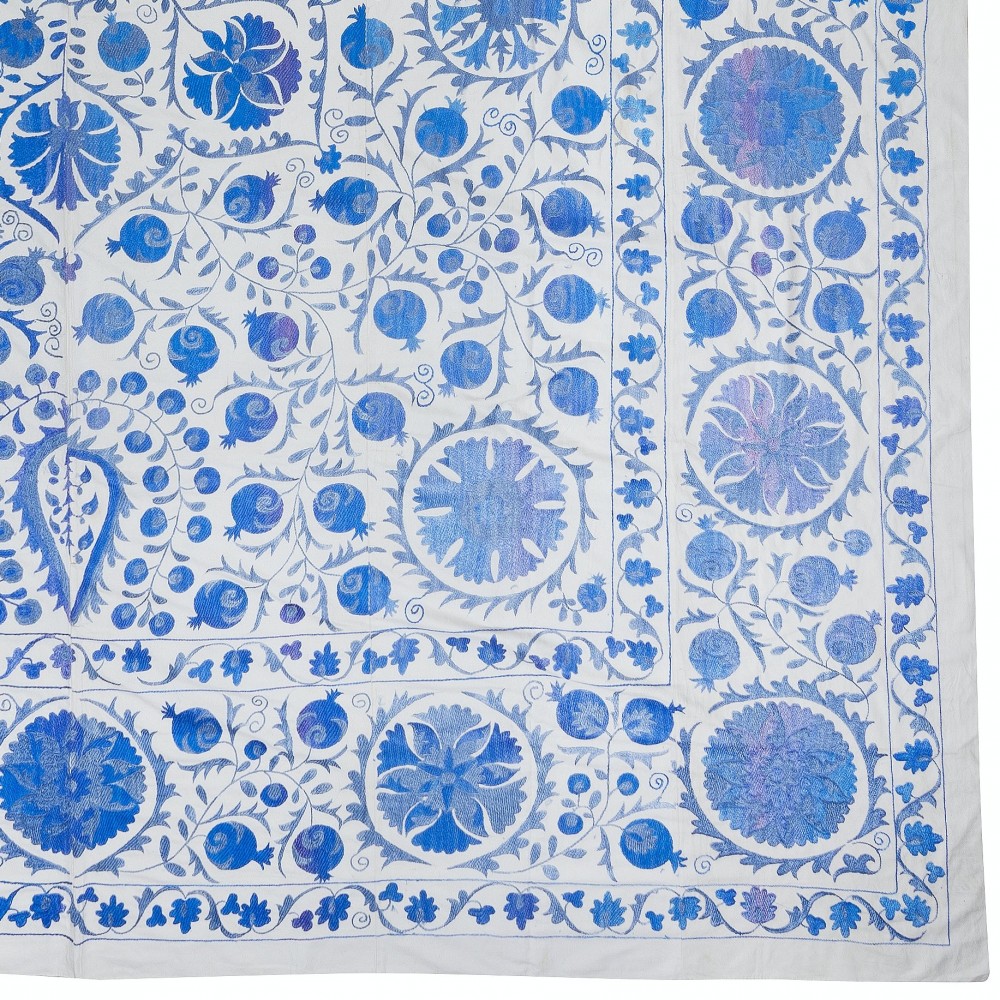 Rare Size Silk Embroidery Wall Hanging, Modern Uzbek Suzani Bed Cover in Cream & Blue