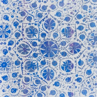 Rare Size Silk Embroidery Wall Hanging. Modern Uzbek Suzani Bed Cover in Cream & Blue Rare Size Silk Embroidery Wall Hanging. Modern Uzbek Suzani Bed Cover in Cream & Blue