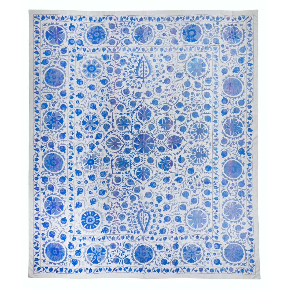 Rare Size Silk Embroidery Wall Hanging, Modern Uzbek Suzani Bed Cover in Cream & Blue
