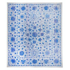 Rare Size Silk Embroidery Wall Hanging. Modern Uzbek Suzani Bed Cover in Cream & Blue