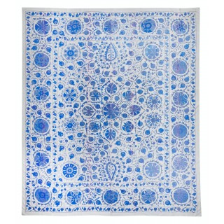 Rare Size Silk Embroidery Wall Hanging. Modern Uzbek Suzani Bed Cover in Cream & Blue