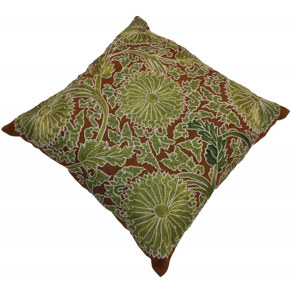 Contemporary 100% Silk Handmade Cushion Cover in Brown & Green, Embroidered Suzani Lace Pillow