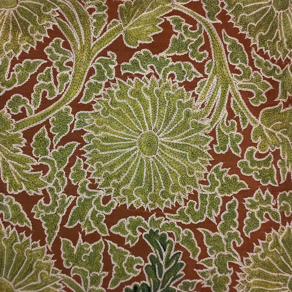 Contemporary 100% Silk Handmade Cushion Cover in Brown & Green, Embroidered Suzani Lace Pillow