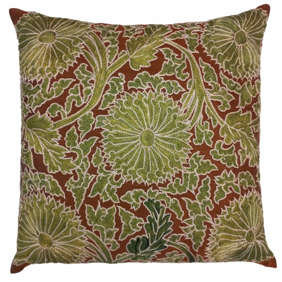 Contemporary 100% Silk Handmade Cushion Cover in Brown & Green, Embroidered Suzani Lace Pillow