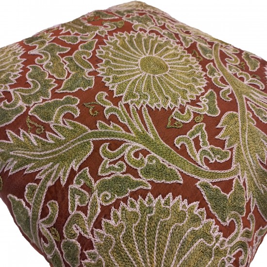 Embroidered 100% Silk Cushion Cover in Brown & Green, Hand-Made Uzbek Suzani Pillowcase
