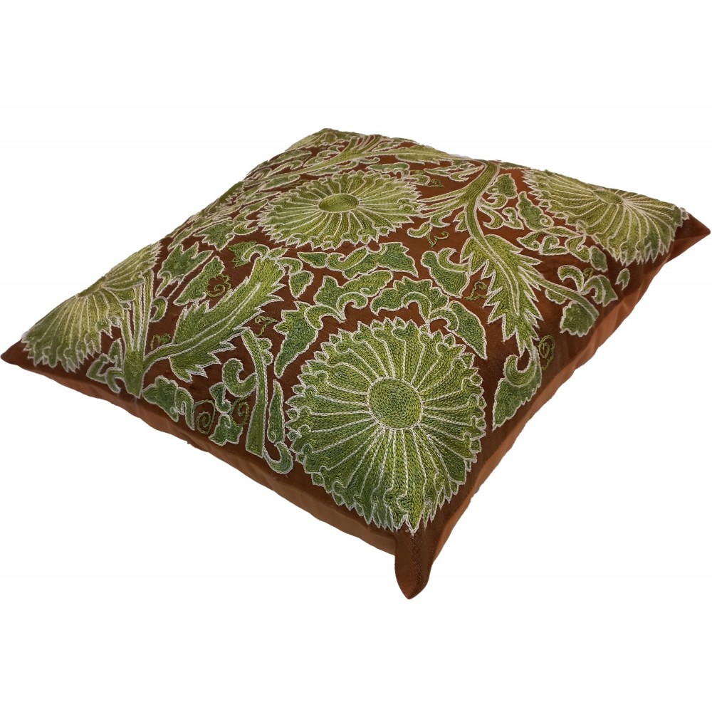 Embroidered 100% Silk Cushion Cover in Brown & Green, Hand-Made Uzbek Suzani Pillowcase
