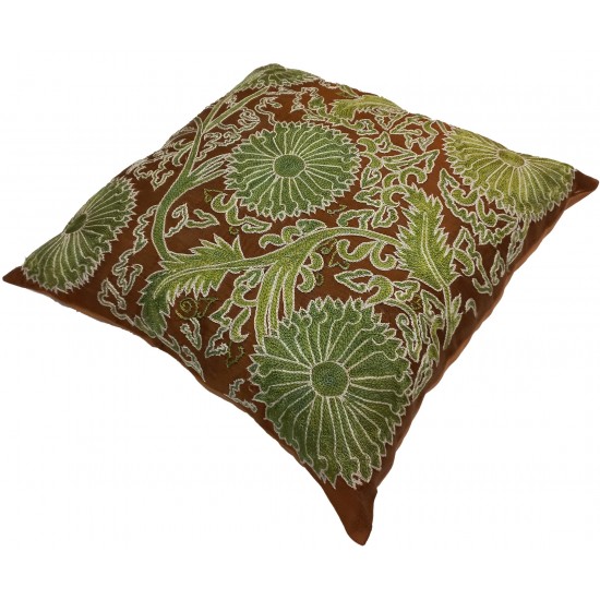Brown & Green Cushion Cover Made of 100% Silk, Hand Embroidery Throw Pillow, Suzani Lace Pillow