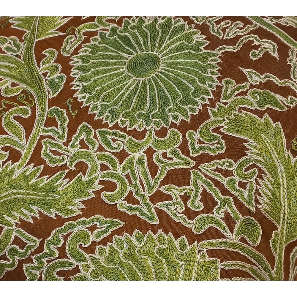 Brown & Green Cushion Cover Made of 100% Silk, Hand Embroidery Throw Pillow, Suzani Lace Pillow
