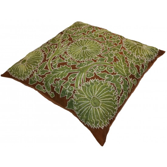 Uzbek Suzani Cushion Cover Made of Silk, Hand Embroidered Brown & Green Modern Throw Pillow