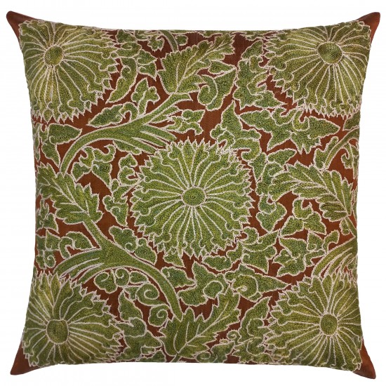 Uzbek Suzani Cushion Cover Made of Silk, Hand Embroidered Brown & Green Modern Throw Pillow
