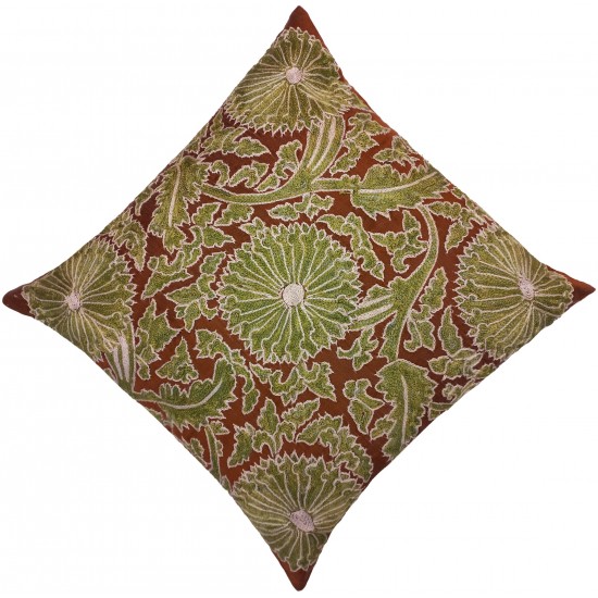 Authentic 100% Silk Handmade Cushion Cover in Brown & Green, New Suzani Fabric Lace Pillow