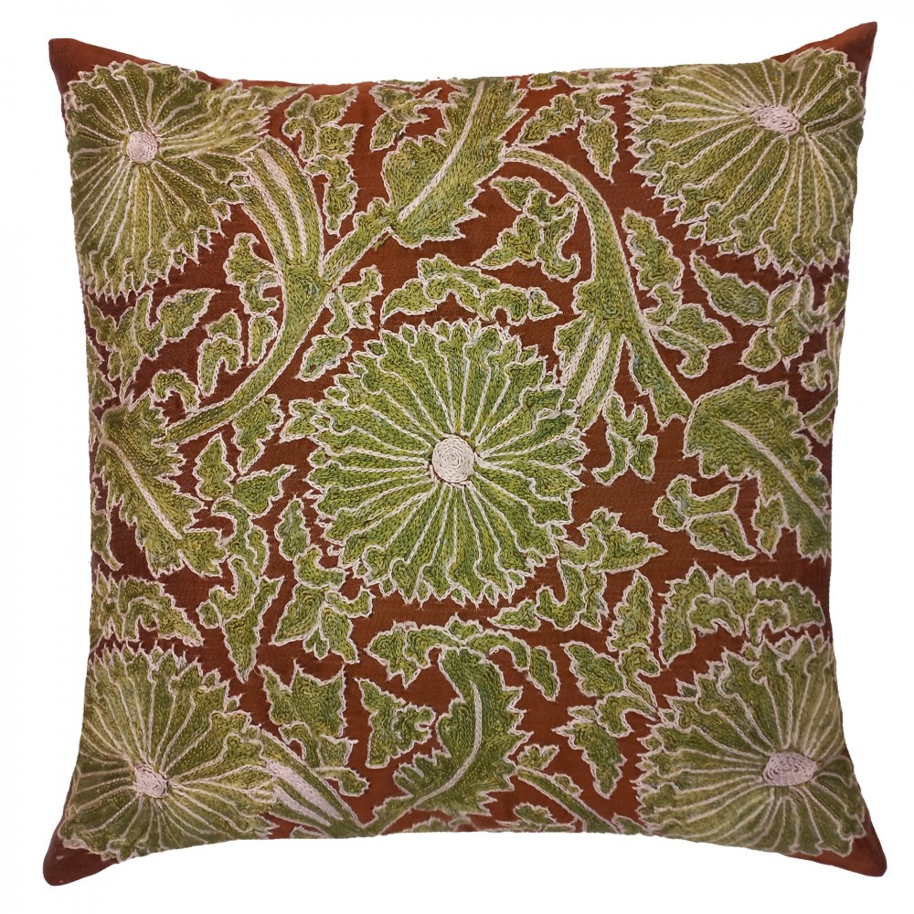 Authentic 100% Silk Handmade Cushion Cover in Brown & Green, New Suzani Fabric Lace Pillow