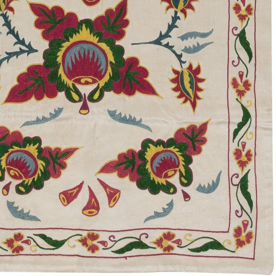Uzbek 100% Silk Embroidered Wall Hanging, Boho Wall Decor, Flower & Pomegranate Design Suzani Tapestry
