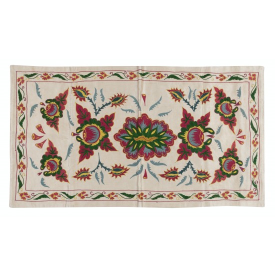Uzbek 100% Silk Embroidered Wall Hanging, Boho Wall Decor, Flower & Pomegranate Design Suzani Tapestry