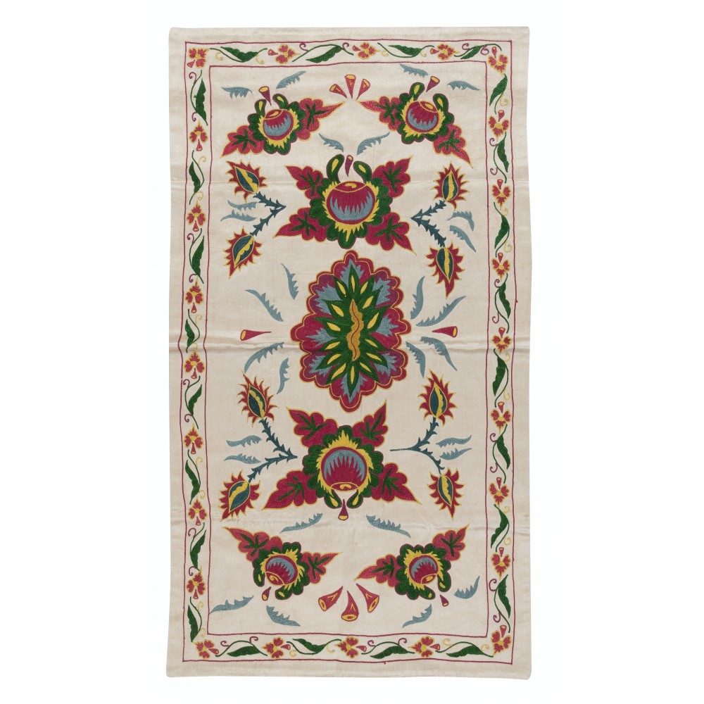 Uzbek 100% Silk Embroidered Wall Hanging, Boho Wall Decor, Flower & Pomegranate Design Suzani Tapestry
