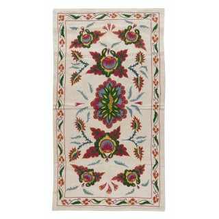 Uzbek 100% Silk Embroidered Wall Hanging. Boho Wall Decor. Flower & Pomegranate Design Suzani Tapestry