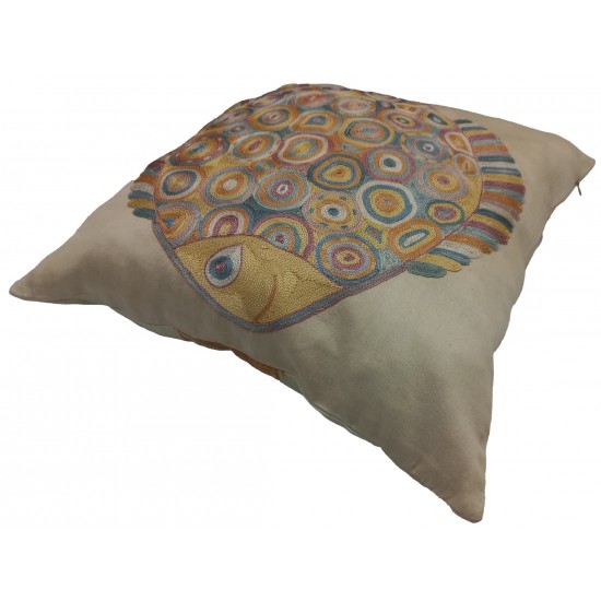 100% Silk Embroidered Fish Patterned Suzani Cushion Cover, Asian Inspired Lace Pillow, Modern Sham