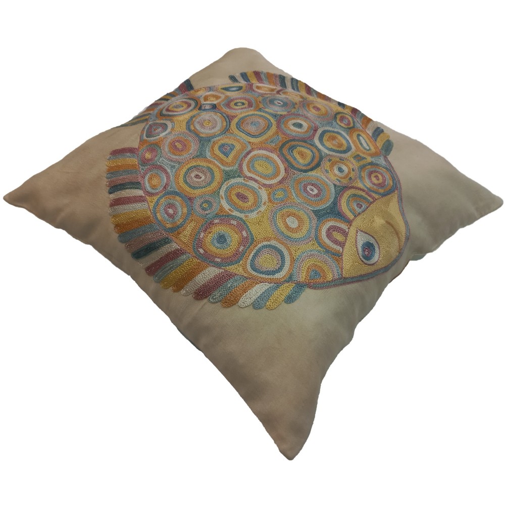 100% Silk Embroidered Fish Patterned Suzani Cushion Cover, Asian Inspired Lace Pillow, Modern Sham