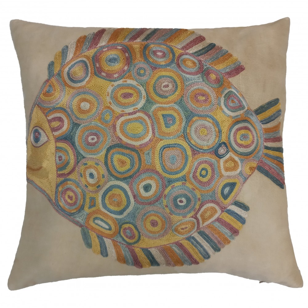 100% Silk Embroidered Fish Patterned Suzani Cushion Cover, Asian Inspired Lace Pillow, Modern Sham