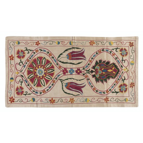 100% Silk Wall Hanging, Boho Wall Decor, Embroidered Cloth, Suzani Tapestry, Floral Pattern Uzbek Throw