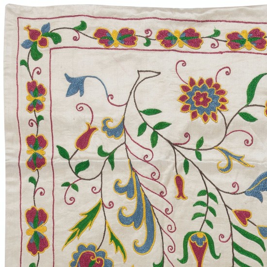 Modern 100% Silk Embroidered Suzani Textile Wall Hanging, New Uzbek Table Cover with Floral Design