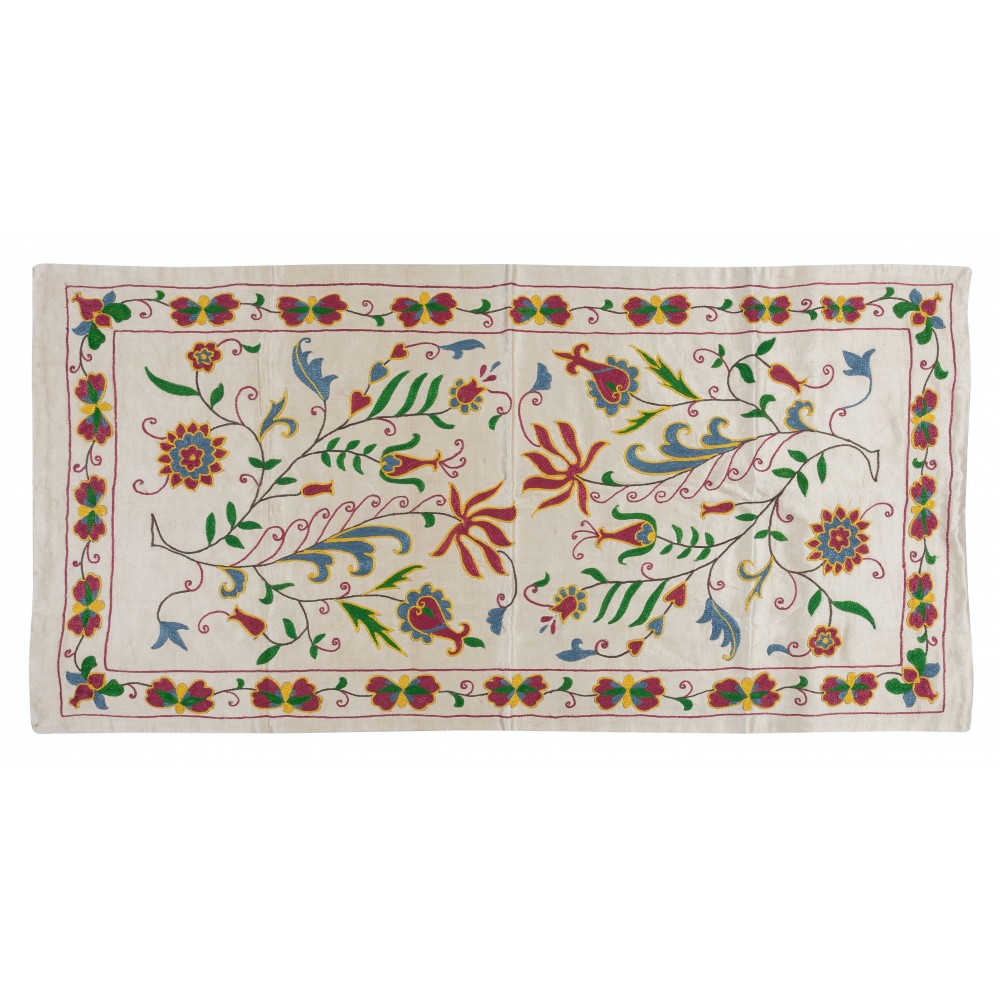Modern 100% Silk Embroidered Suzani Textile Wall Hanging, New Uzbek Table Cover with Floral Design