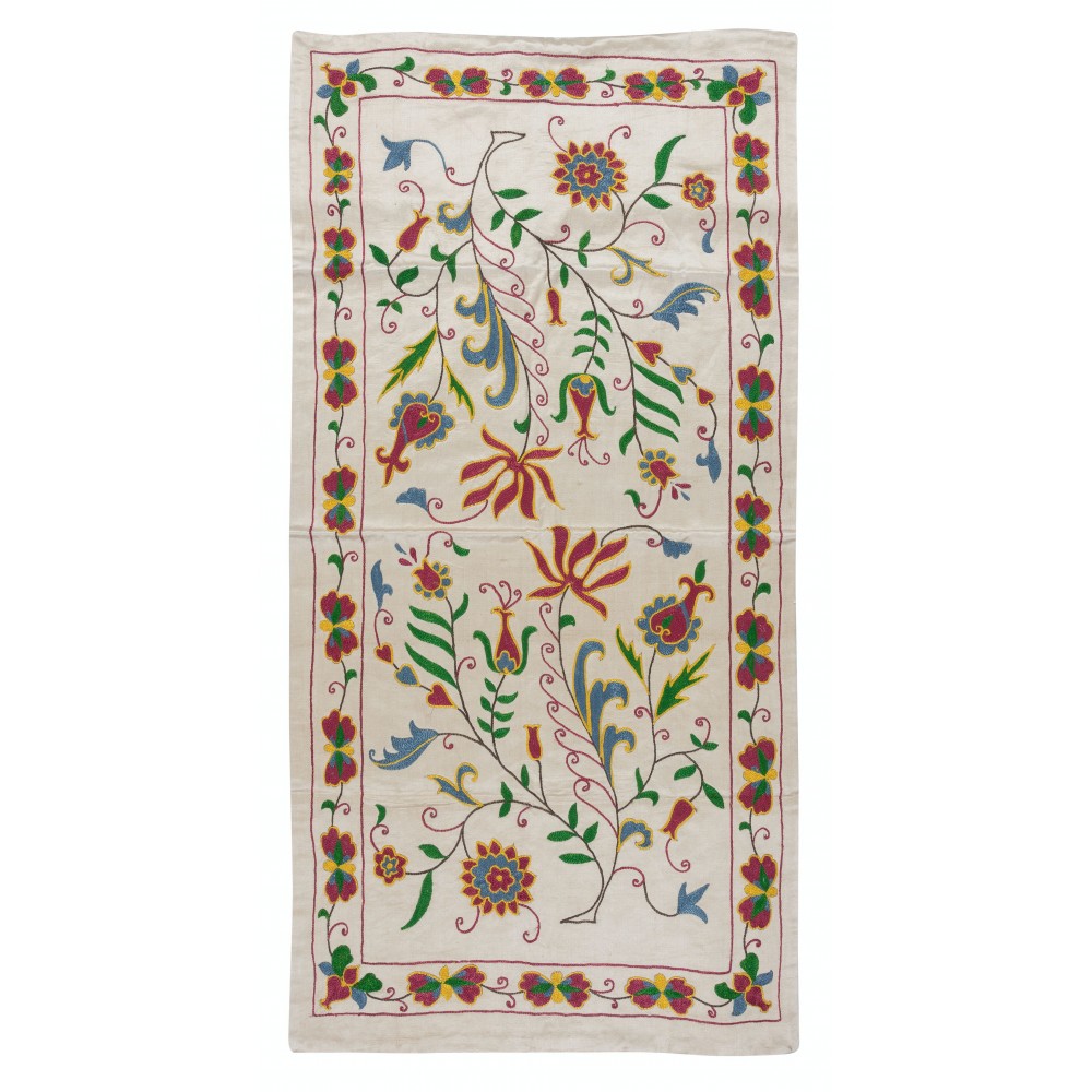 Modern 100% Silk Embroidered Suzani Textile Wall Hanging, New Uzbek Table Cover with Floral Design
