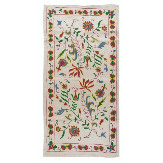 Modern 100% Silk Embroidered Suzani Textile Wall Hanging, New Uzbek Table Cover with Floral Design