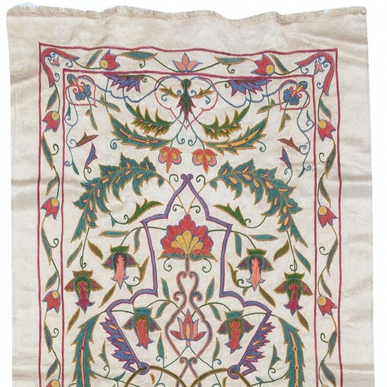 Hand Embroidered All Silk Runner, Suzani Fabric Wall Hanging, Uzbek Bedspread, Modern Home Decor