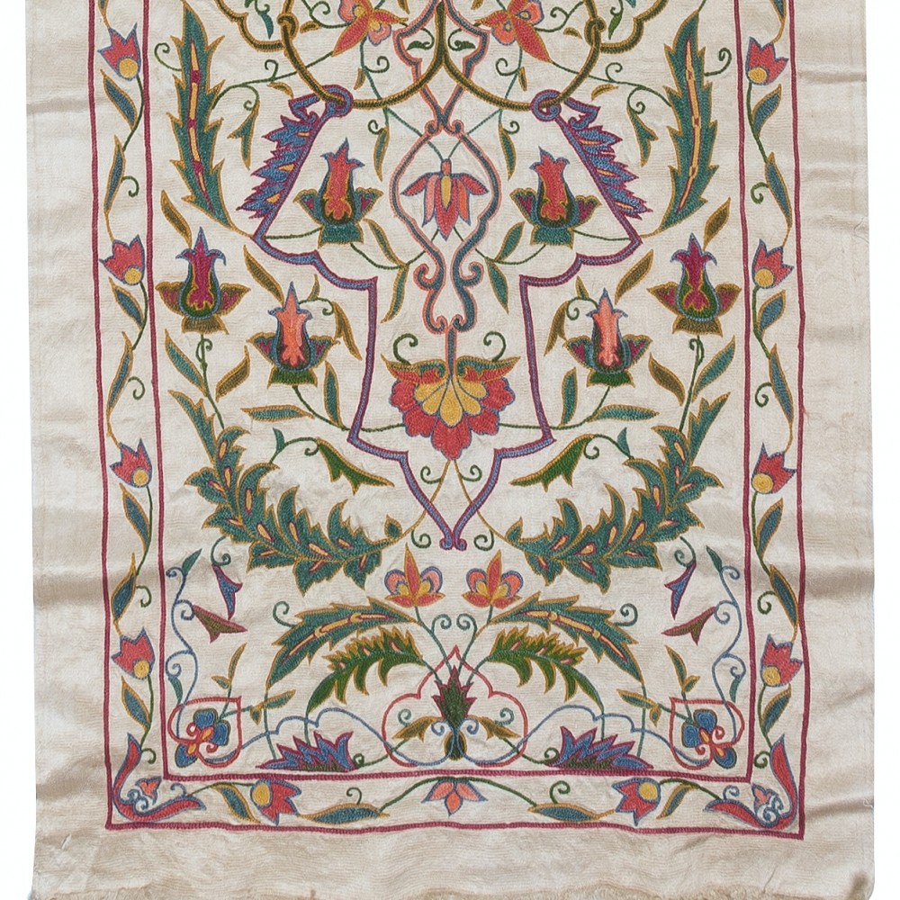 Hand Embroidered All Silk Runner, Suzani Fabric Wall Hanging, Uzbek Bedspread, Modern Home Decor