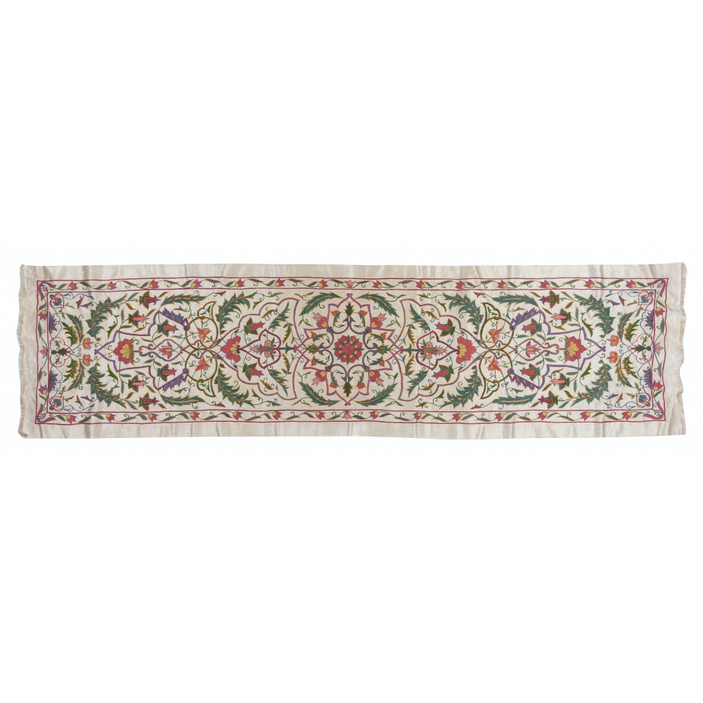 Hand Embroidered All Silk Runner, Suzani Fabric Wall Hanging, Uzbek Bedspread, Modern Home Decor