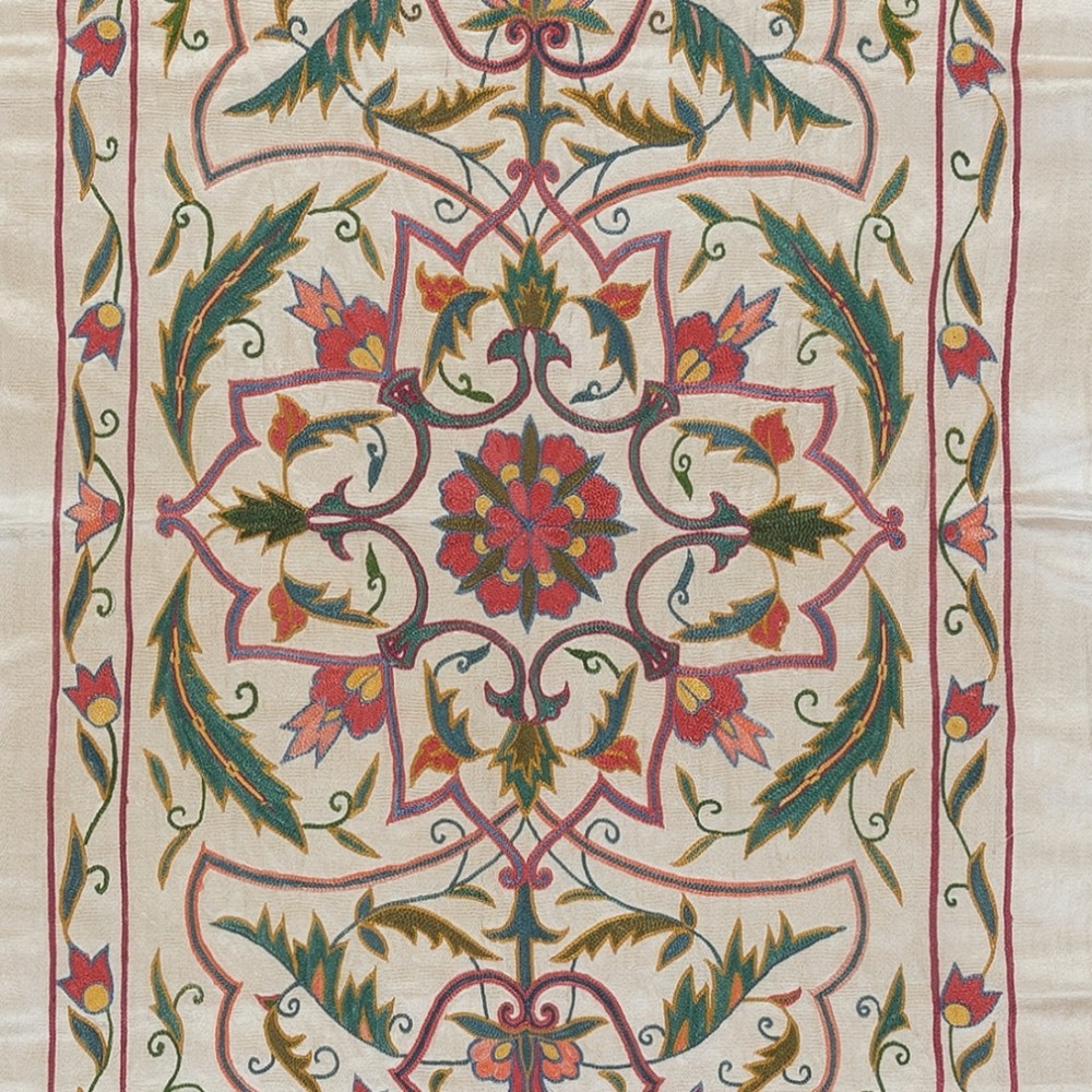 Hand Embroidered All Silk Runner, Suzani Fabric Wall Hanging, Uzbek Bedspread, Modern Home Decor