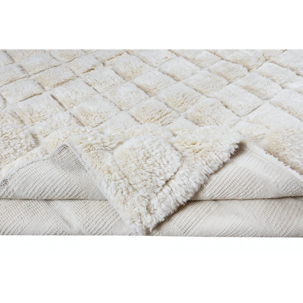 Home Decor Grid Pattern Tulu Rug, 100% Natural Un-Dyed Wool, Handmade Cream Checkered Carpet for Modern Interiors