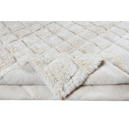 Home Decor Grid Pattern Tulu Rug, 100% Natural Un-Dyed Wool, Handmade Cream Checkered Carpet for Modern Interiors