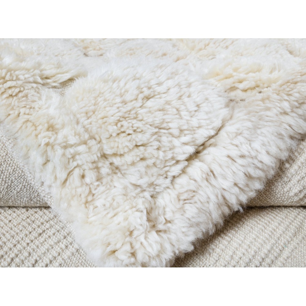 Home Decor Grid Pattern Tulu Rug, 100% Natural Un-Dyed Wool, Handmade Cream Checkered Carpet for Modern Interiors