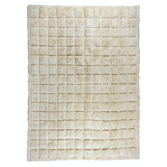 Home Decor Grid Pattern Tulu Rug, 100% Natural Un-Dyed Wool, Handmade Cream Checkered Carpet for Modern Interiors