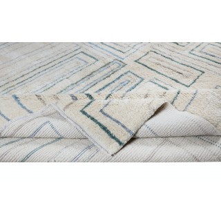 Contemporary Hand Knotted Tulu Rug in Dull marine blue, Pastel, Mid blue, Chocolate and Peacock blue colors, 100% Wool, Custom Options Available