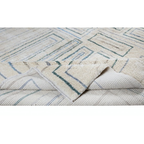 Contemporary Hand Knotted Tulu Rug in Dull marine blue, Pastel, Mid blue, Chocolate and Peacock blue colors, 100% Wool, Custom Options Available